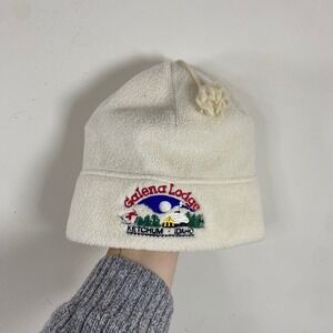 Vintage 90s Smiley Fleece Winter Hat Ski Skull Cap Embroidered Cream Made USA